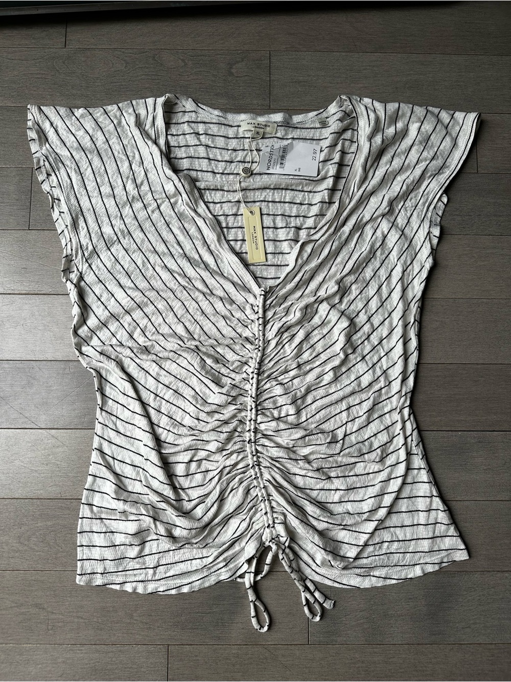 Womens Max Studio Ruched Tie Front V Neck Short Sleeve T Shirt Top Summer NWT XL